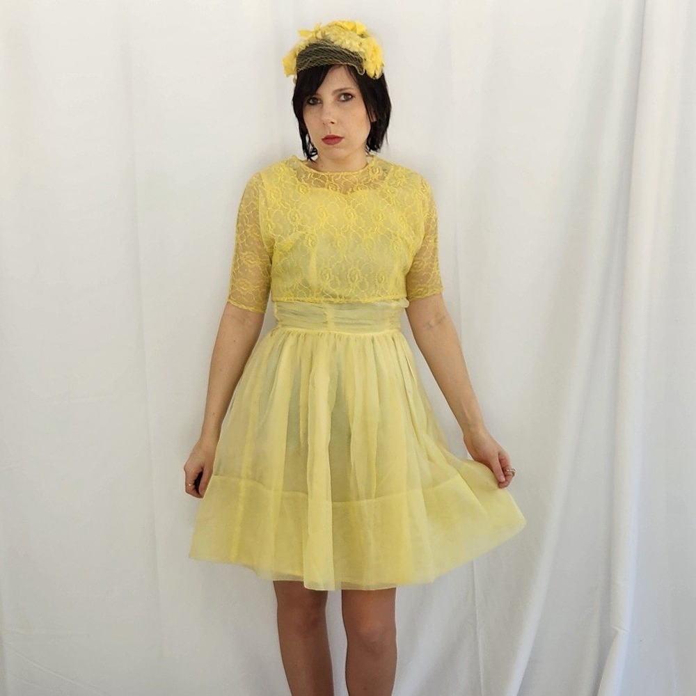 60s Yellow Party Dress with Lace Jacket and Floral‎ Headpiece